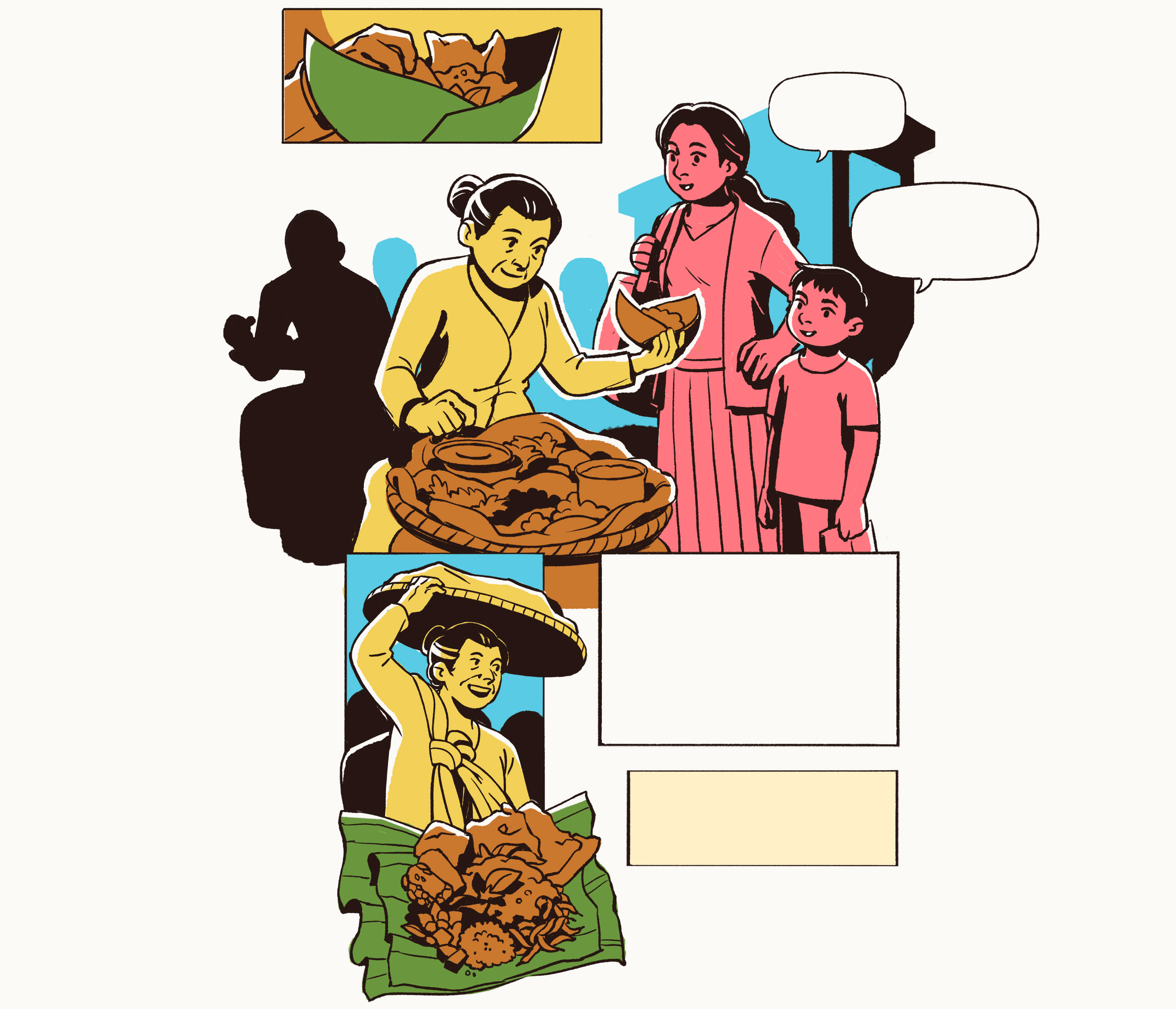 Ahmad and his mom visit Hana, who sells a Javanese salad, pecel. Hana is ready with a big basket of ingredients. She assembles these ingredients, wrapping the dish in banana leaf as Ahmad and his mom watch.
