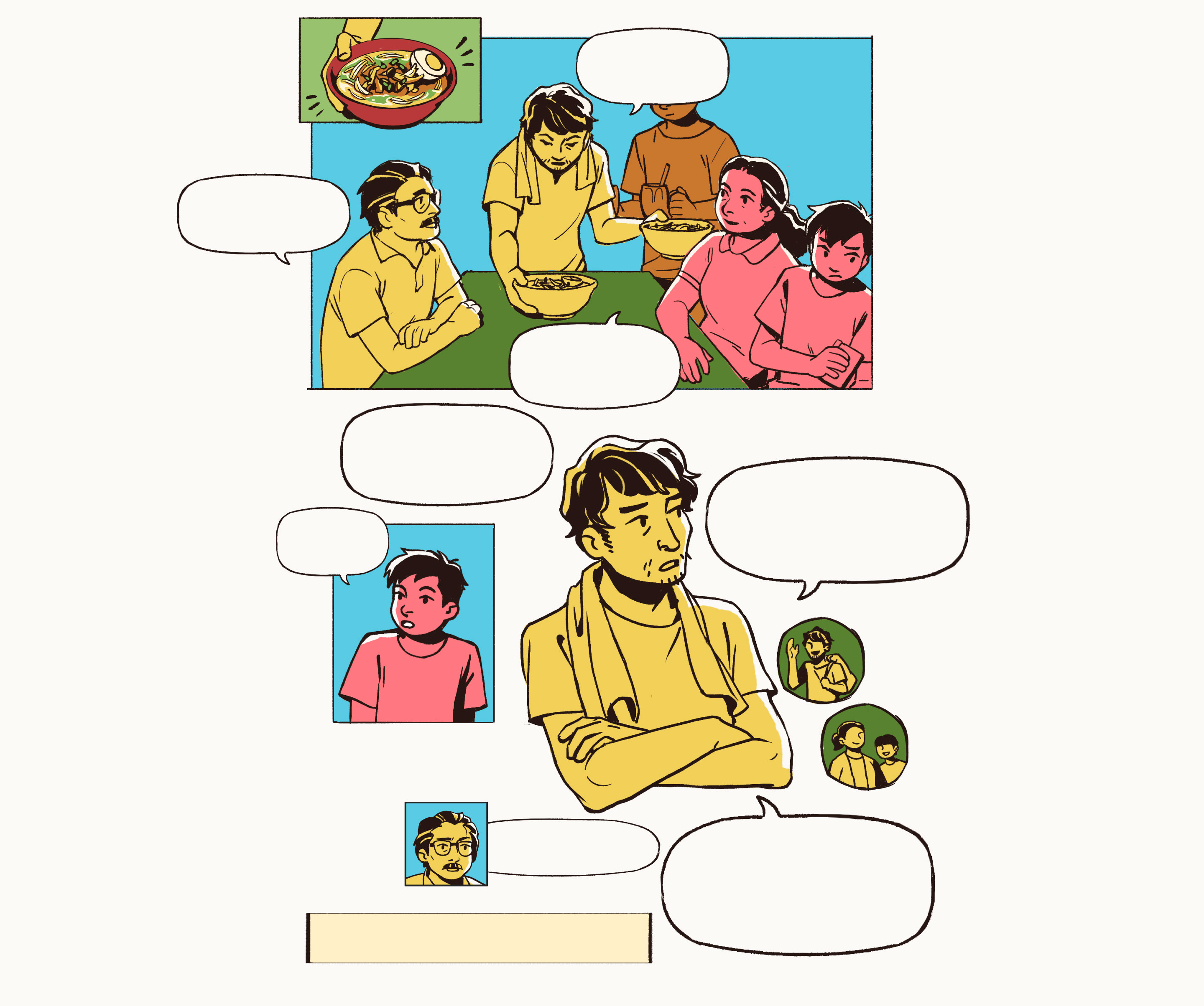 Naufal, a weary middle-aged Javanese man, comes with the family’s soto bowls, placing them on the table. Ahmad’s parents make conversation with Naudal. Ahmad, who had been playing Nintendo DS, closes the console and gets to his food, and begins to get curious about Naufal’s story.