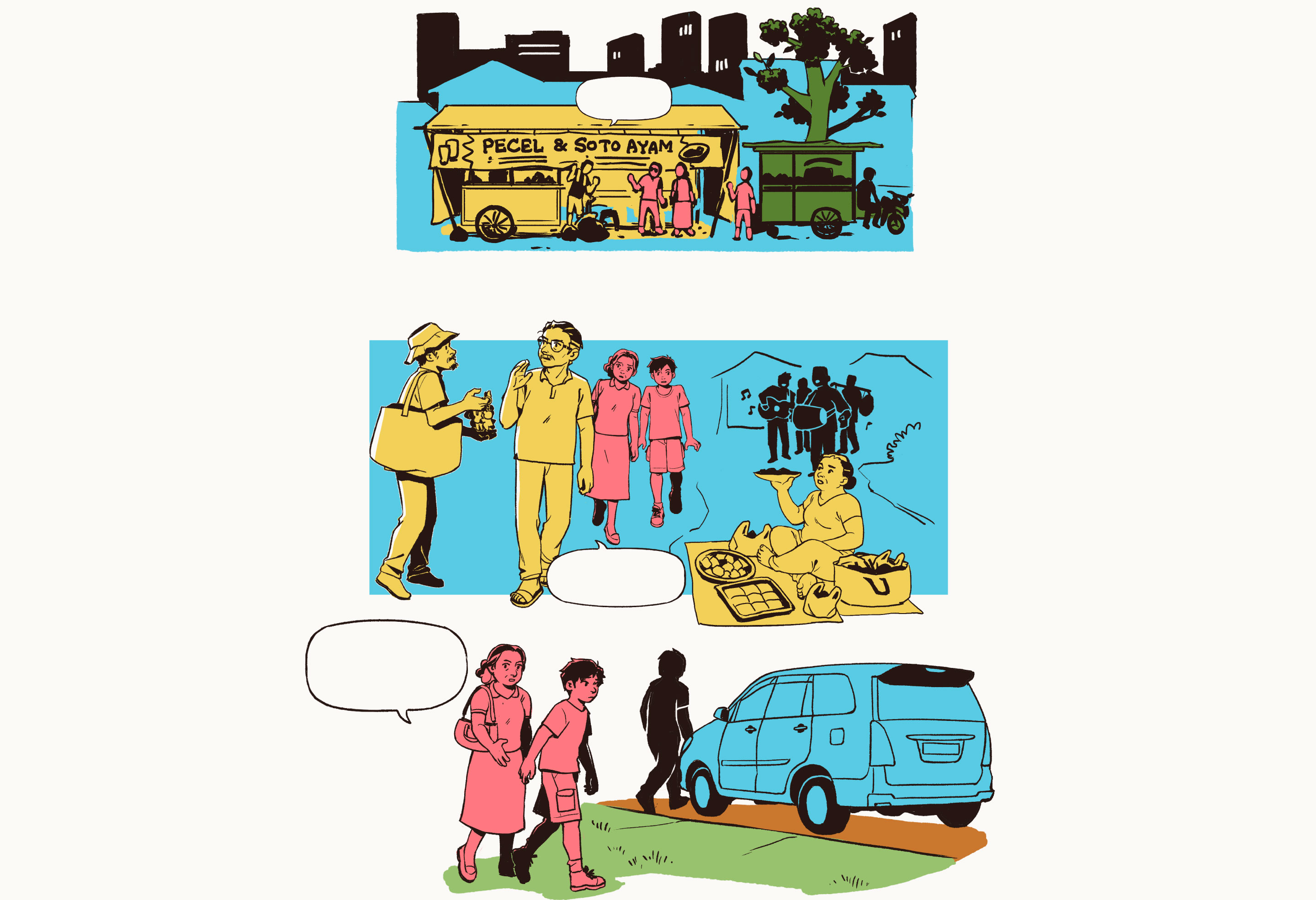 After Ahmad’s family finishes eating, they say goodbye to Naufal and head to their car. On the way, they find themselves surrounded by a few sellers and roadside buskers who block the road or are persistently trying to sell their wares. The family starts getting into their car.