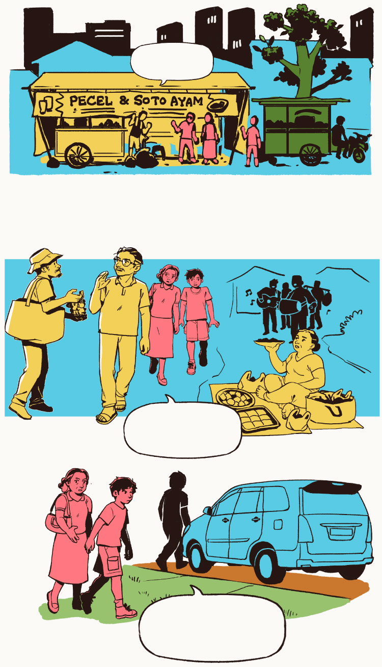 After Ahmad’s family finishes eating, they say goodbye to Naufal and head to their car. On the way, they find themselves surrounded by a few sellers and roadside buskers who block the road or are persistently trying to sell their wares. The family starts getting into their car.