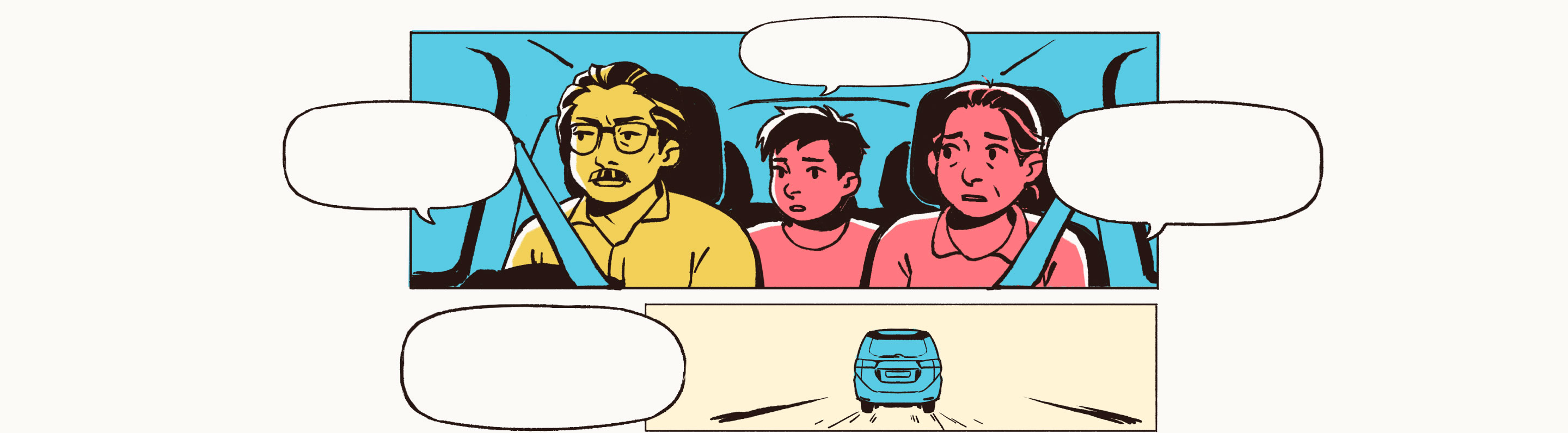 Ahmad’s family are having a conversation in the car. His father drives and mother sits in the passenger seat, while Ahmed sits in the backseat.