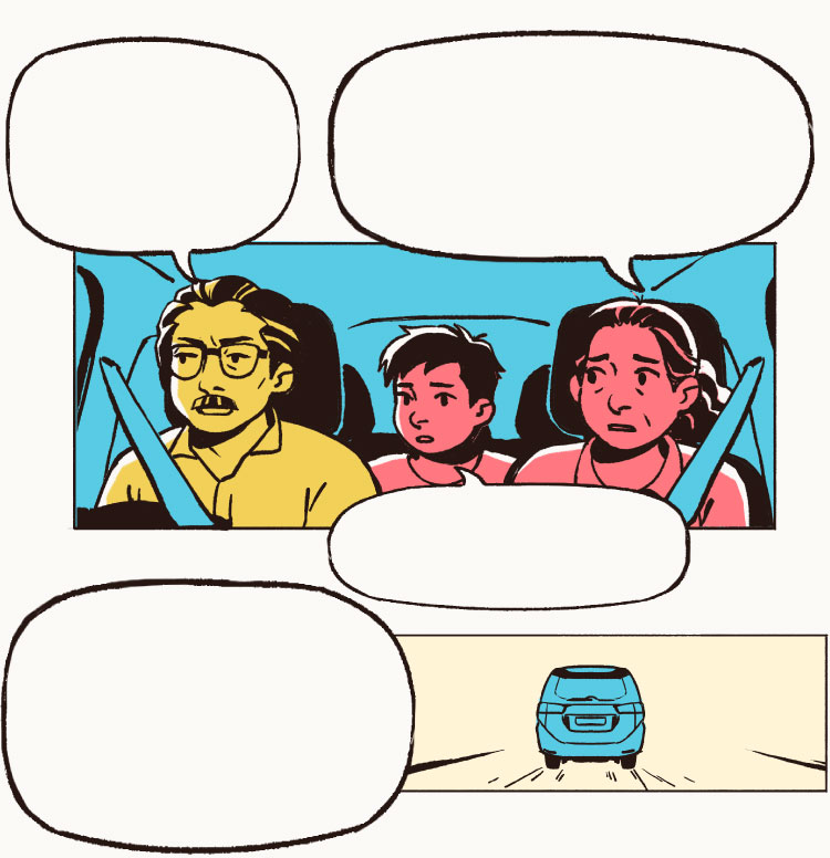 Ahmad’s family are having a conversation in the car. His father drives and mother sits in the passenger seat, while Ahmed sits in the backseat.