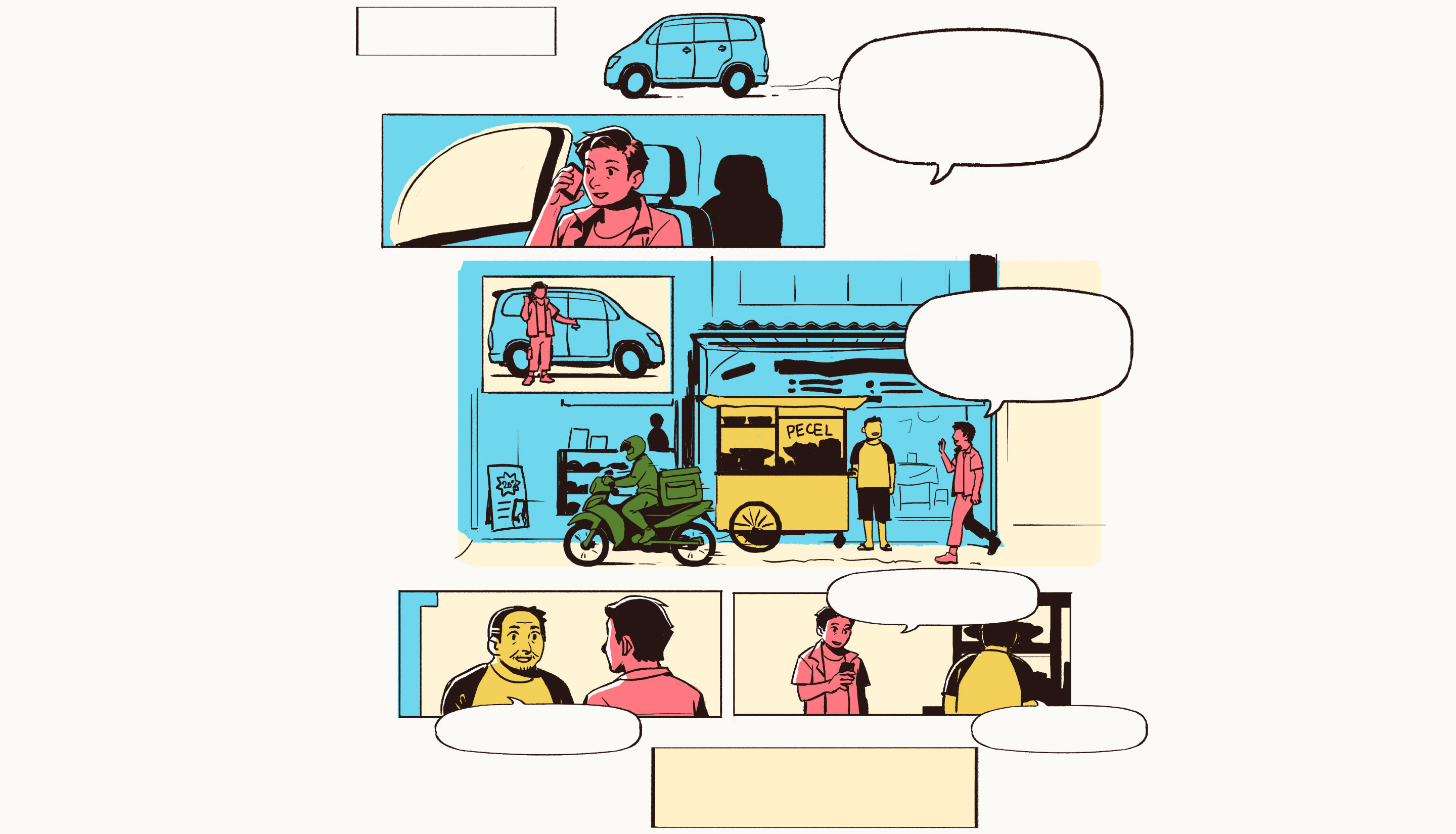 Another comic opens this chapter, and the time has jumpes to about 7 years later. Ahmad is now in his mid-20s, driving his own car. He is on a phone call with his mom. He stops by a pecel vendor—not Hana, but a different seller. In the background, you can see a few advertisements for mobile plans or digital payment apps. A delivery rider also passes by on his bike.