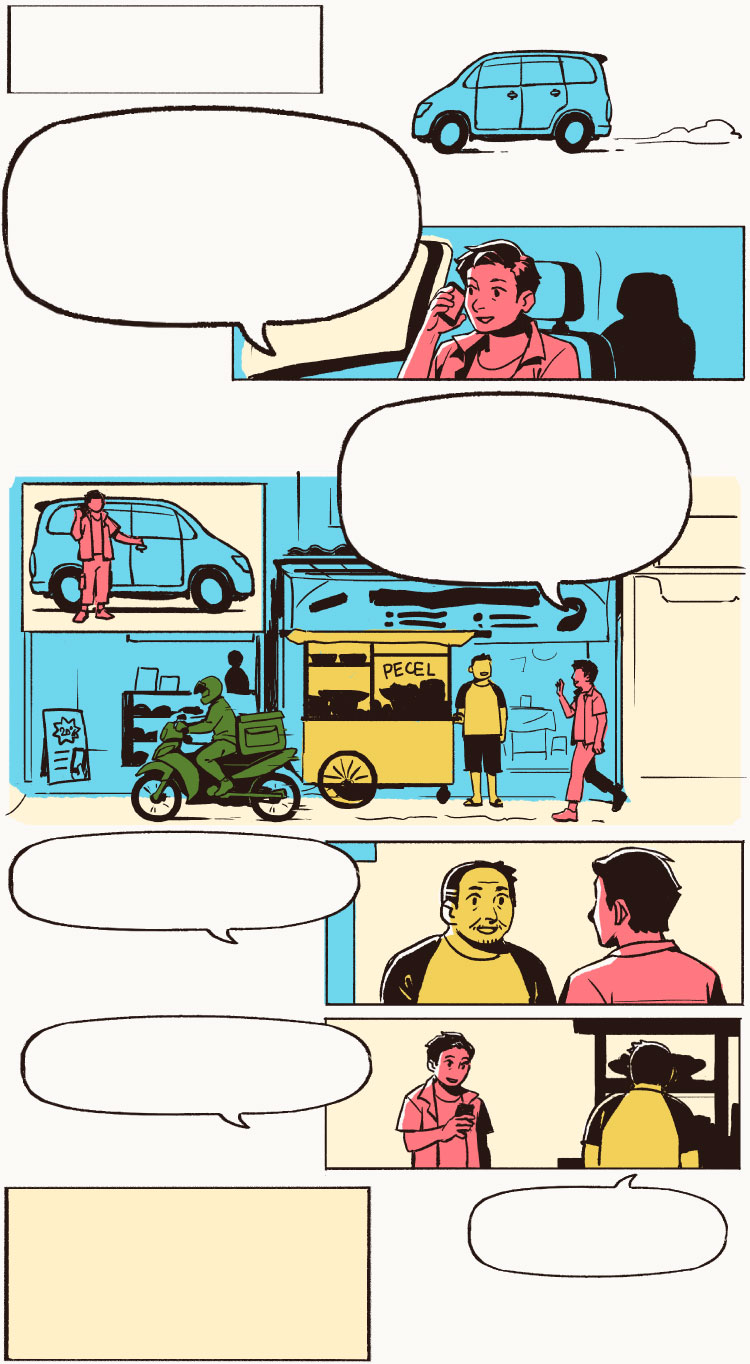 Another comic opens this chapter, and the time has jumpes to about 7 years later. Ahmad is now in his mid-20s, driving his own car. He is on a phone call with his mom. He stops by a pecel vendor—not Hana, but a different seller. In the background, you can see a few advertisements for mobile plans or digital payment apps. A delivery rider also passes by on his bike.
